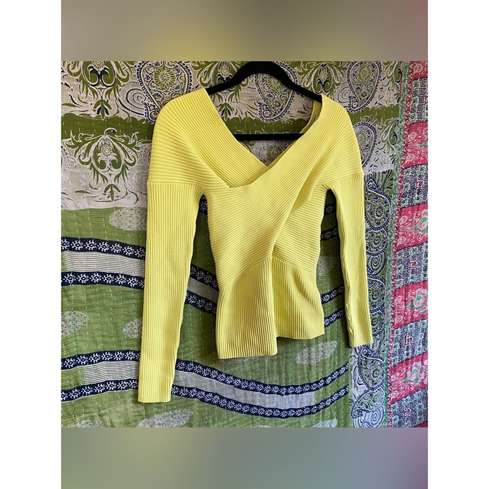 The Fold Lemon Yellow Criss Cross Ribbed Long Sleeve Top Size Small Loud Luxury - Picture 7 of 14
